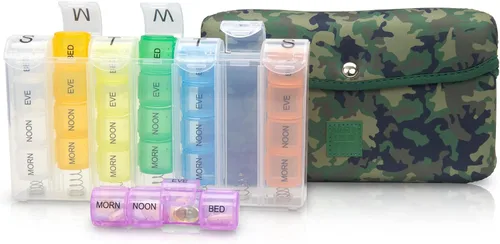 Vista 10 de Made Easy Kit Pastillero grande para 7 días/28 compartimentos en neopreno con pastillero de almacenamiento diario en la mañana, mediodía, víspera