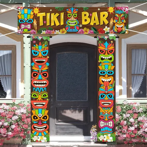 Vista 2 de Luau - Cartel para puerta de tótem Tiki, 3 piezas, pancarta de Tiki para porche, cubierta hawaiana para Aloha Hawaii, Moana tropical, cumpleaños