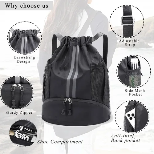 Vista 4 de Mochila deportiva con cordón, bolsa impermeable para natación, gimnasio, bolsa de baloncesto de fútbol con compartimento para zapatos para hombres