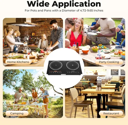 Vista 7 de Cocina de inducción eléctrica – Portátil de 2200 W, 8 niveles de cocina eléctrica de inducción dual para encimera, quemador doble apto para hierro