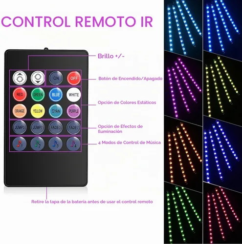 Vista 3 de Tira de luces LED para automóvil, 4 unidades de 48 luces LED USB para interiores, tira de luces multicolor de música para automóvil, kit