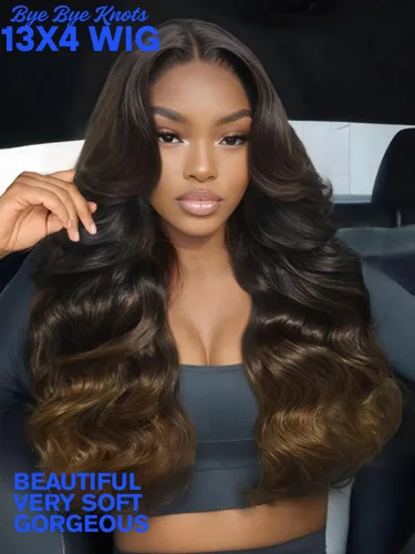 Vista 2 de Nadula Peluca Precortada 13x4 HD Ondas Sueltas Castaño Ombré Marrón con Cordón Cabello Humano con Flequillo Face Framing, Peluca Frontal de Encaje