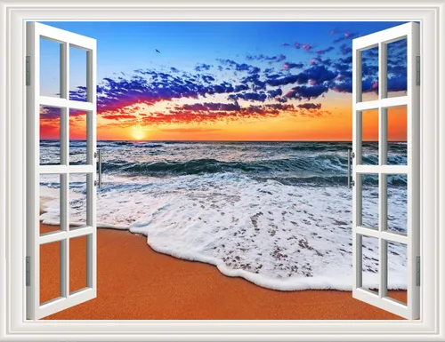 Vista 25 de Pintura autoadhesiva 3D, calcomanías de pared falsas para ventana, isla tropical con palmeras, mural de pared, vista de ventana, decoración de pared