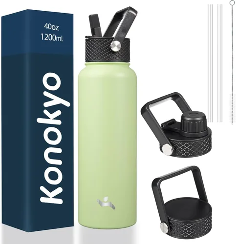 Vista 137 de Konokyo - Botella de agua aislada de 18 onzas, botellas deportivas de acero inoxidable con 3 tapas, verde militar