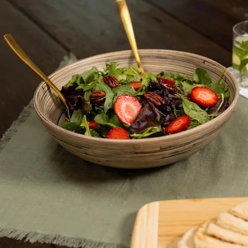 Vista 7 de LEXA Ensaladera de bambú hecha a mano de 12 pulgadas, cuenco de fruta grande de madera de 130 onzas para encimera de cocina, bambú negro, paquete