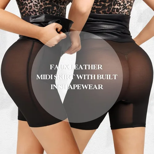 Vista 2 de Popilush Faldas moldeadoras de piel sintética con faja moldeadora integrada de cintura alta, color negro, bodycon dividido, falda midi para mujer