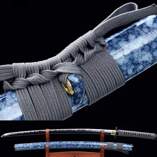 Vista 17 de Espada Katana de combate real hecha a mano, espada samurái afilada de espiga completa, acero de Damasco, acero 1095, cuchillos de acero templado T10