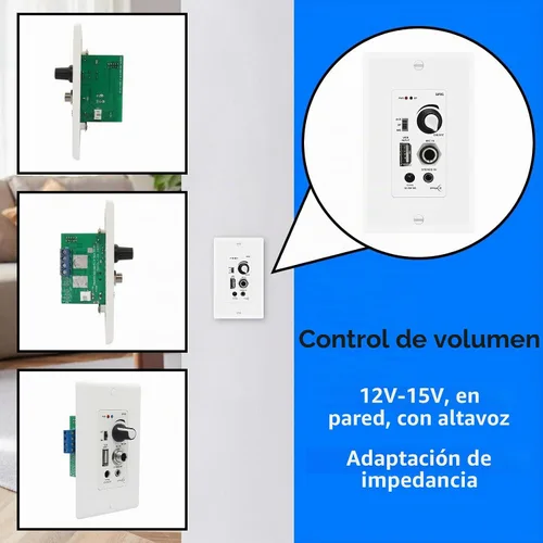Vista 5 de receptor amplificador de control de audio en pared compatible con Bluetooth, 2 canales, placa de pared con entrada USB, micrófono (3.5mm) Aux, 120W
