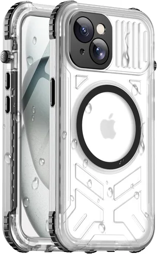 Vista 7 de Funda impermeable para iPhone 15 con Magsafe, protector de pantalla, cordón, IP68 militar de cuerpo completo a prueba de golpes, para deportes Negro