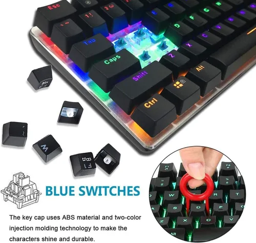 Vista 2 de LexonElec Teclado mecánico para juegos con cable tipo C de metal mecánico con interruptor azul teclado de computadora con retroiluminación LED arco