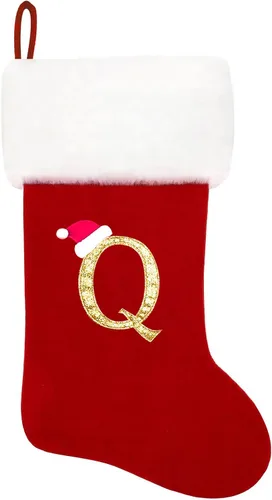 Vista 207 de Calcetines de Navidad bordados de 20 pulgadas con monograma, terciopelo negro con puño de felpa blanca supersuave, adornos clásicos para decoración