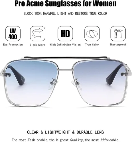 Vista 5 de Pro Acme Navigator Gafas de sol para hombres y mujeres piloto cuadrado doble puente metal Sunnies con lentes mejoradas