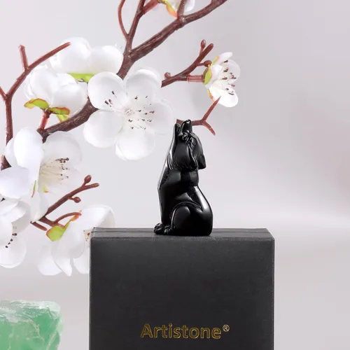 Vista 5 de Artistone Estatua de lobo de obsidiana negra de 2 pulgadas, adorno para decoración del hogar, escultura de animales de cristal curativo con caja