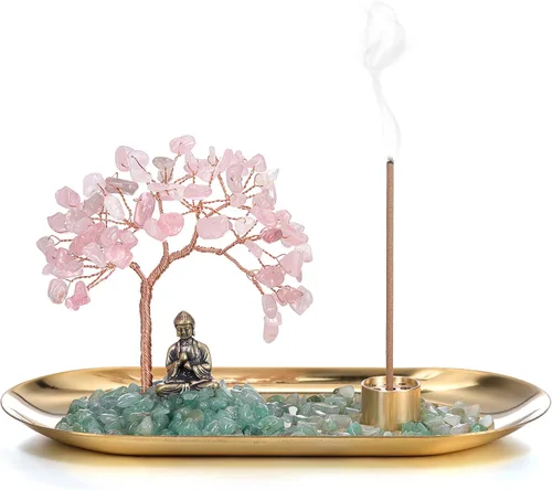 Vista 8 de Jovivi Soporte de incienso de cristal para palos, piedra de cristal curativo, árbol de dinero, juego de estatua de Buda, quemador de incienso