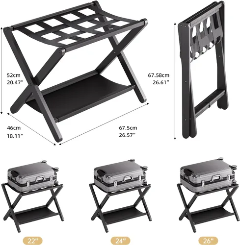 Vista 3 de HITNET Portaequipajes para habitación de invitados, soporte de maleta plegable, soporte de equipaje de hotel de bambú con estante de almacenamiento