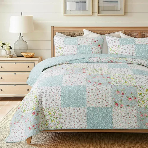 Vista 9 de Soul & Lane Blush Bloom - Juego de colcha de algodón, tamaño individual con 1 funda de almohada, colcha acolchada floral con diseño de parches