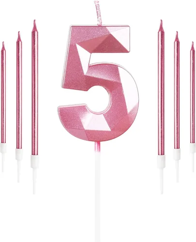 Vista 126 de Vela rosa de cumpleaños número 1 con 6 velas largas, decoraciones de decoración de pastel para fiesta de niña de 1 año, suministros de celebración