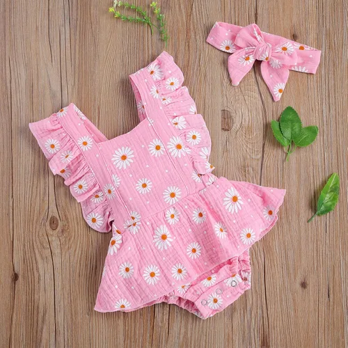 Vista 3 de Mameluco para bebé recién nacido, con margaritas, ropa ajustable con volantes de una pieza, overol de verano para bebé