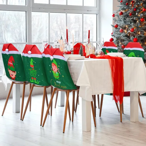 Vista 7 de Ganeen 6 Piezas Fundas Navideñas para Sillas Cuadros Buffalo Fundas para Sillas de Comedor Sombrero de Papá Noel Zapatos Fundas Deslizantes