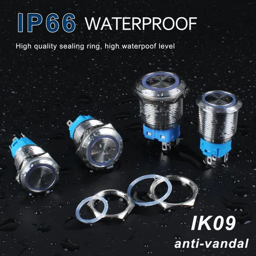 Vista 5 de 2 piezas de interruptor de botón momentáneo de metal de 0.630 in (ON) -Off 12V 24V DC Halo Ring LED iluminado impermeable anti-vandalismo carcasa