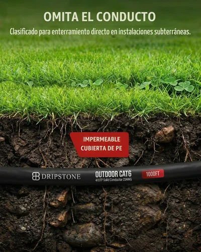 Vista 3 de Dripstone Cable Ethernet de entierro directo CAT6 23AWG CCA UTP sólido, aislamiento de HDPE impermeable, cubierta de polietileno (PE) para Negro