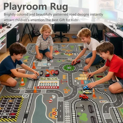 Vista 5 de Alfombra de juego para niños, ideal para jugar con autos y juguetes, alfombra educativa de carretera y tráfico para niños, alfombra divertida