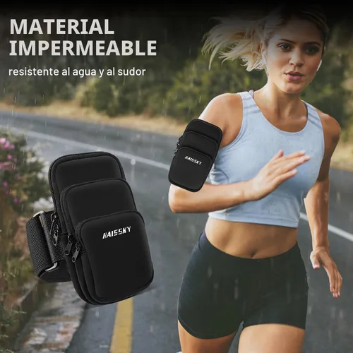 Vista 4 de Brazalete porta teléfono de 3 bolsillos para correr para iPhone 16 15 14 Pro Max 13 Plus 12 11 XS XR X 8 7 Galaxy S23, bolsa para llaves y tarjetas