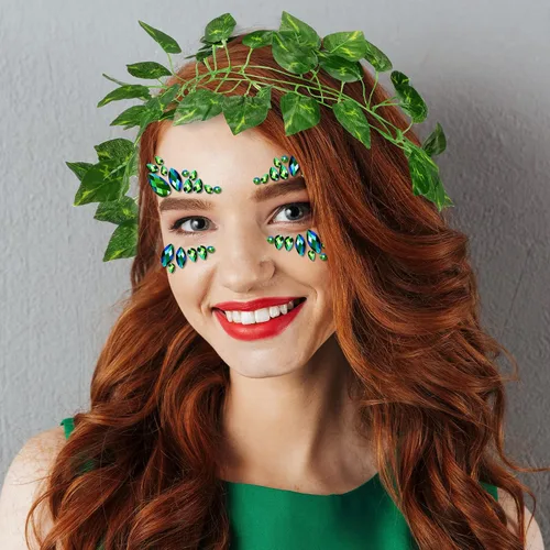 Vista 7 de Juego de decoración de cara de Halloween, incluye joyas verdes, tatuaje facial de Halloween, enredaderas verdes artificiales de 34.5 pies y guantes