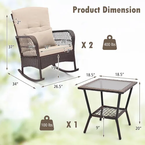 Vista 3 de ORALNER Juego de 3 mecedoras de mimbre para muebles de patio, sillas mecedoras para exteriores con cojines, almohadas, mesa de centro de cristal