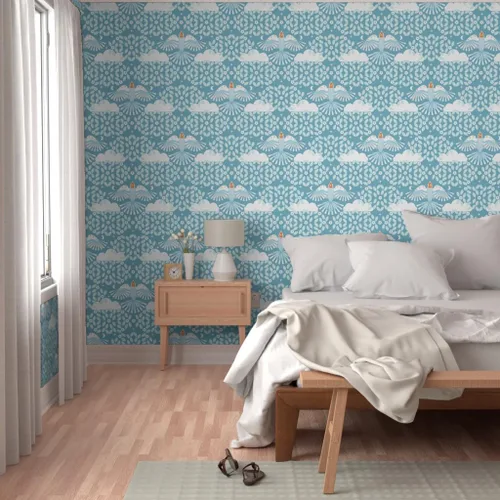 Vista 5 de Spoonflower Blue Sky Folk Art Pre-Pasted Removable Wallpaper Sample 12" x 24" Dreaming Scandi Scandinavian Mystical Water-activated, simple to