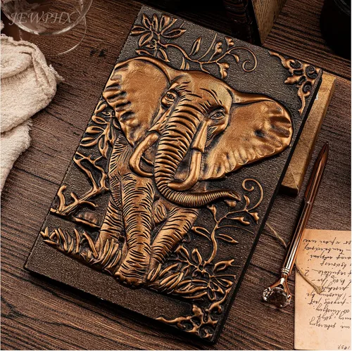 Vista 5 de Diario de Cuero Vintage con Elefante 3D con Juego de Bolígrafos, Libreta Diaria de Cuero Antiguo Hecha a Mano, Cuaderno de Bocetos, Diario de Viaje