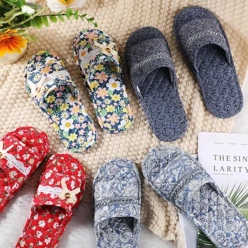 Vista 6 de Chuarry 10 pares de pantuflas de algodón floral para invitadas, mujeres, lavables, de algodón, con puntera abierta, para hotel, viajes, avión, spa