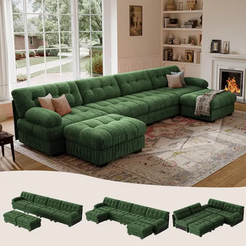 Vista 16 de Sofá modular de gran tamaño de 90 pulgadas con otomana móvil, asiento profundo en forma de L, cómodo sofá de nube de felpilla de 3 asientos modernos