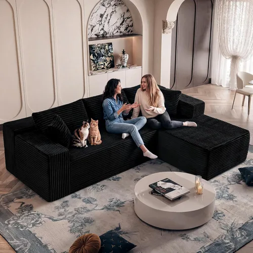 Vista 12 de Sofá modular negro de 108 pulgadas con otomana, sofá en forma de U en forma de nube para sala de estar, no necesita montaje, tela de pana de felpa