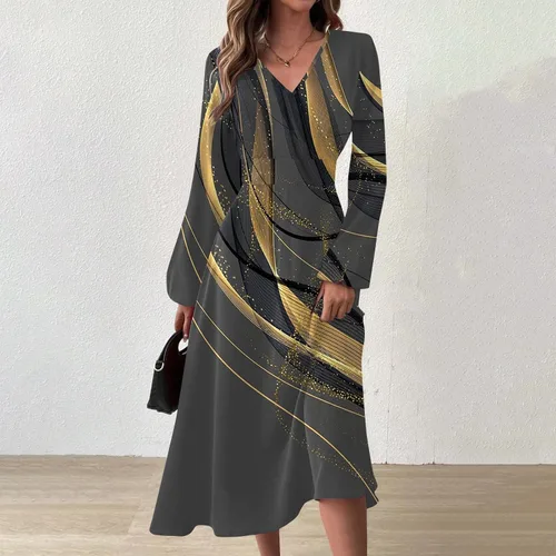 Vista 2 de ZPWSHI Vestidos para mujer otoño invierno casual moda cuello en V manga larga gradiente impresión vestido largo