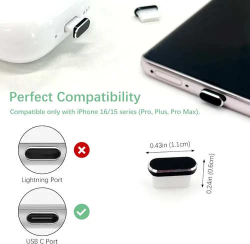 Vista 2 de Paquete de 4 cubiertas antipolvo USB-C con malla de altavoz, enchufe de puerto de carga tipo C y protector de audio para iPhone serie 15/16 (negro)