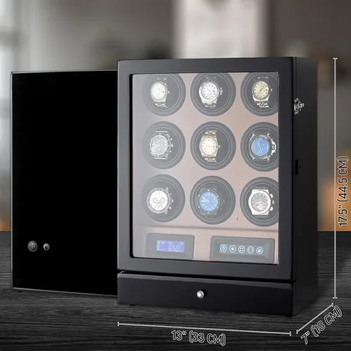 Vista 7 de Enrollador de 9 relojes con retroiluminación LED, control remoto, pantalla LCD y 2 compartimentos de almacenamiento para relojes, negro + marrón