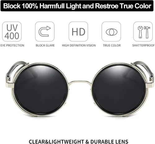Vista 4 de Dollger Steampunk - Gafas de sol redondas retro vintage con marco circular de metal Negro