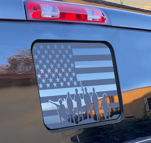 Vista 13 de Xinghe para Ford F150 F250 F350 2015-2025 2026, Calcomanías de bandera americana para ventana trasera, Calcomanía de bandera USA mate para ventana