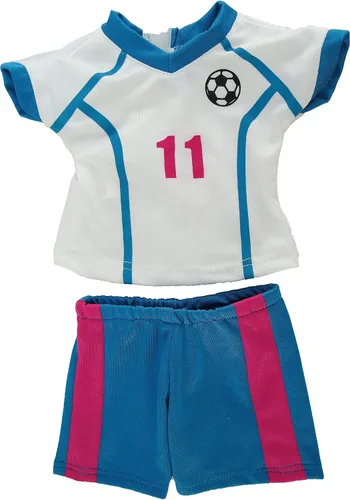 Vista 4 de American Fashion World Uniforme de fútbol rosa y azul para muñecas de 18 pulgadas Juego de 6 piezas Calidad premium y diseño moderno Ropa