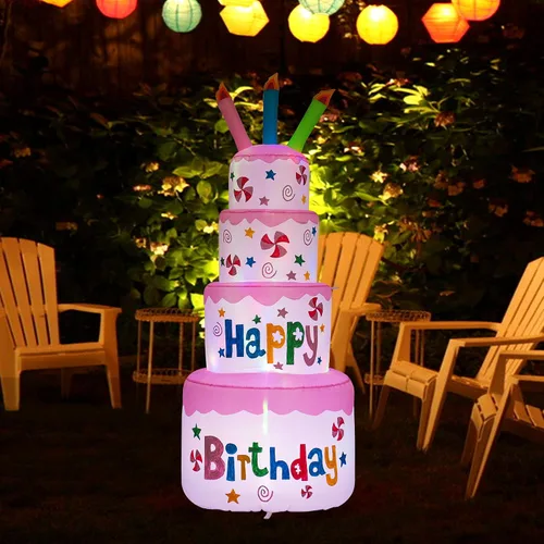 Vista 3 de AJY Pastel inflable de feliz cumpleaños de 6 pies con vela, decoración de césped para interiores y exteriores