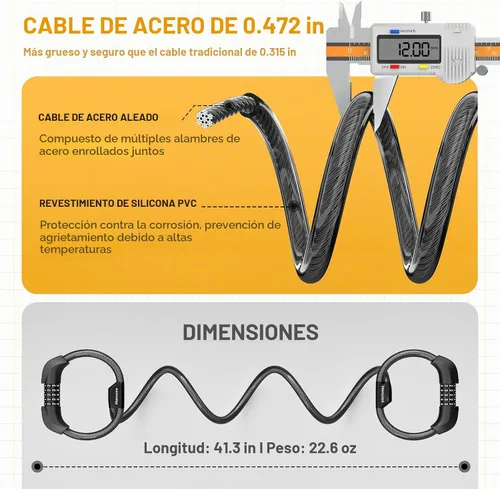 Vista 4 de Candado para Scooter Eléctrico, Candado para Bicicleta, Candado de Cable con Combinación de 5 Dígitos, Dobles Candados de Cable Antirrobo de 41