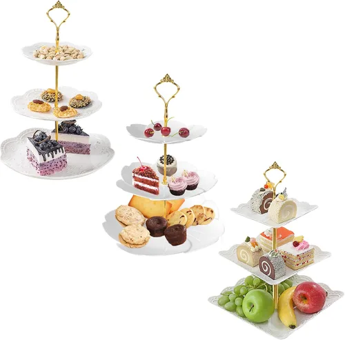 Vista 8 de 3 soportes cuadrados blancos para tartas de 3 niveles, bandeja de servir de 3 niveles, soporte para cupcakes, soporte de postre, decoración de mesa