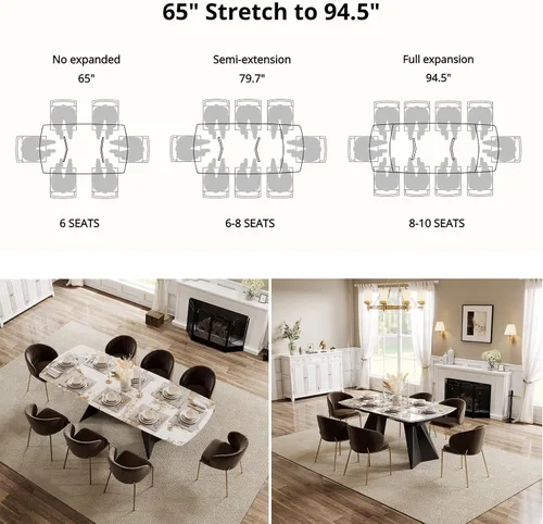 Vista 7 de Honyee Mesa de comedor extensible con hojas, piedra sinterizada rectangular de 65 a 95 pulgadas, mesa de comedor grande moderna con asientos de 6