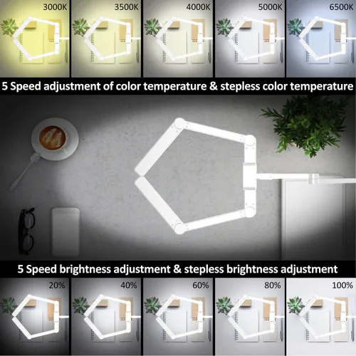 Vista 5 de Lámpara de escritorio LED para oficina en casa, 41.5 pulgadas, clip blanco, lámpara de escritorio de arquitecto con abrazadera, 24 W, ajustable