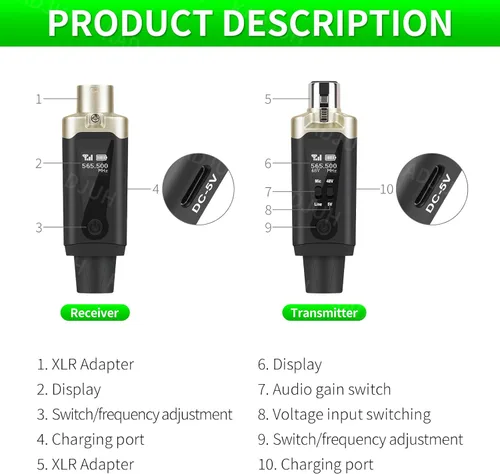 Vista 12 de Transmisor y receptor inalámbrico XLR y receptor transmisor de guitarra inalámbrico, adaptador de micrófono recargable de 16 canales de 196 pies
