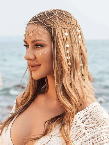 Vista 5 de Yean Diadema de lentejuelas doradas para adultos, joyería bohemia para el cabello, borla para festival, disfraz para mujeres y niñas