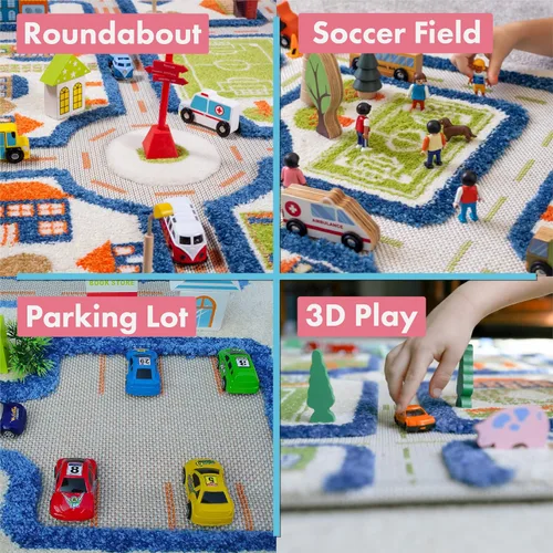 Vista 5 de IVI Alfombra de juego gruesa 3D para niños con diseño de ciudad colorida con campo de fútbol, estacionamiento y carreteras, azul, 32 x 45 pulgadas