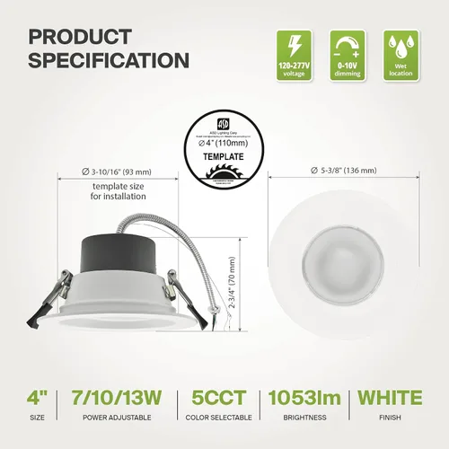 Vista 7 de ASD Downlight LED comercial sin lata de 4 pulgadas, iluminación ajustable de potencia de 7/10/13W, lámpara de techo empotrable redonda regulable, 5