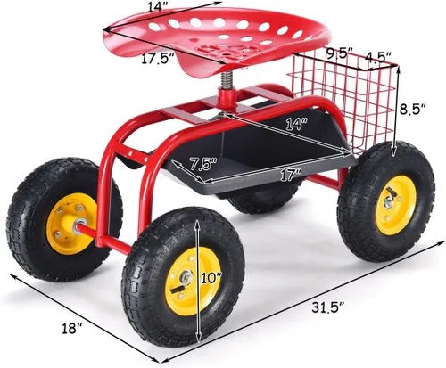 Vista 3 de Giantex Asiento de trabajo de jardín rodante, asiento de trabajo de jardinería giratorio 360 con ruedas, cesta de herramientas, altura ajustable